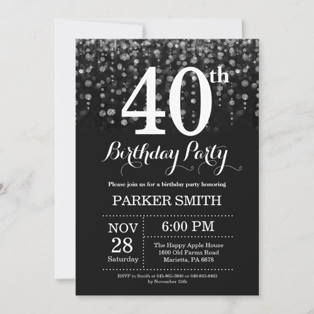 Convites aniversário de 40 anos Invitation Silver Glitter (Frente)