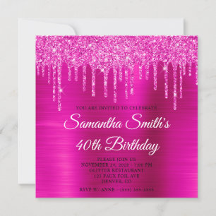 Convites Aniversário de 40 anos Magenta Glitter Drips Hot P