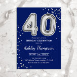 Convites aniversário de 40 anos - Marinho dos Balões de Pra<br><div class="desc">convite de festas aniversário de 40 anos. Design elegante em cinza brilhante e azul marinho. O convite apresenta o número prateado 30 balões e a fonte do script. Perfeito para uma comemoração de na moda. Envie-me uma mensagem se precisar de idade personalizada.</div>