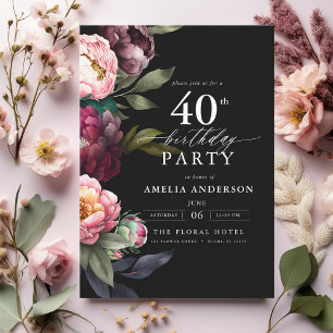 Convites aniversário de 40 anos Modern Moody Burgundy Blush