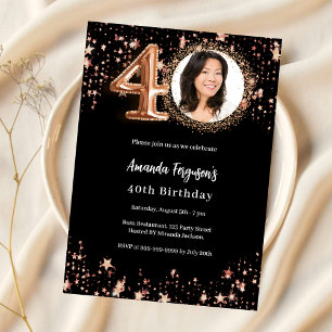 Convites aniversário de 40 anos negro rosa dourado estrelas
