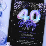 Convites aniversário de 40 anos para o Balão Azul de Foil d<br><div class="desc">Comemore um aniversário de marco em estilo com nosso convite personalizado de aniversário de 40 anos com números de balões de folha de alumínio iridescente azul! Esta elegante design mostra um fundo preto adornado com uma espantosa camada de fogos de artifício e estrelas azuis, roxos, prateados, fazer a escolha perfeita...</div>