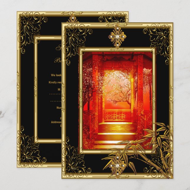 Convites aniversário de 40 anos Party Asian View Dourada Ba (Frente/Verso)