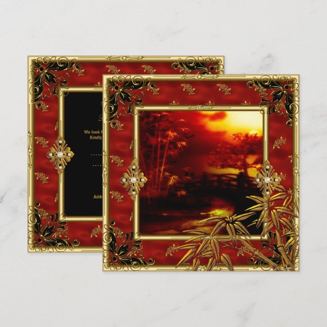 Convites aniversário de 40 anos Party Asian View Dourada Ba (Frente/Verso)