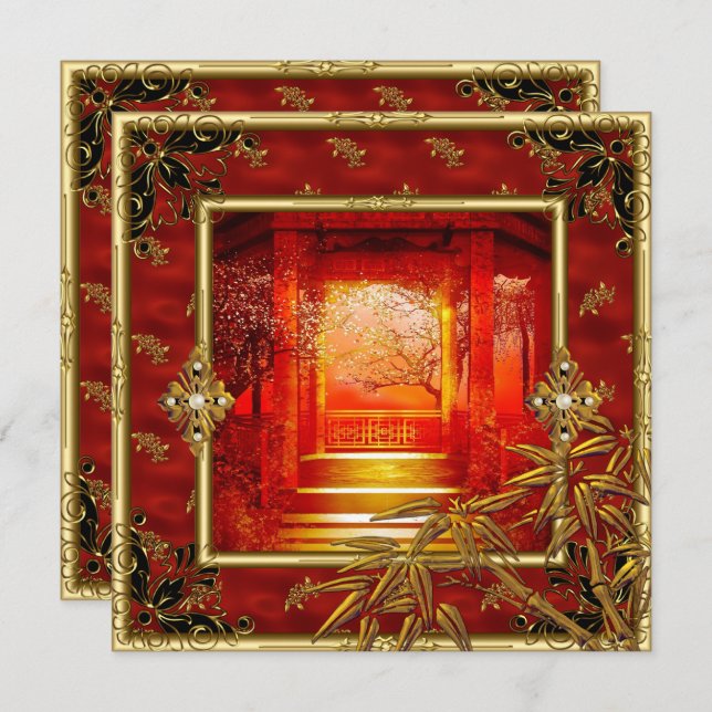 Convites aniversário de 40 anos Party Asian View Dourada Ba (Frente/Verso)