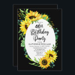 Convites aniversário de 40 anos Party Sunflower | Eucalyptu<br><div class="desc">Girassóis ensolarados e elegantes modernos e ensolarados e eucalipto verde quadro design num fundo preto editável. A parte traseira apresenta um buquê de girassol coordenado também em um fundo preto editável.</div>