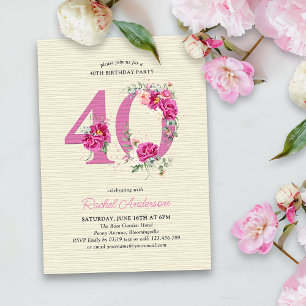 Convites Aniversário de 40 anos Peônia Rosa Número Floral 4
