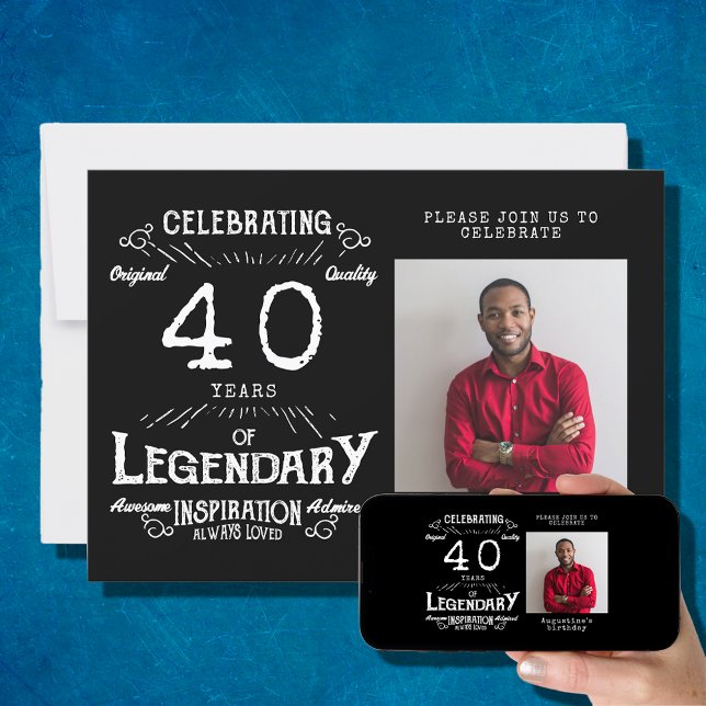 Convites aniversário de 40 anos Photo Black Vintage (Criador carregado)