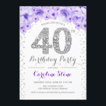 Convites aniversário de 40 anos - Prata branca - Roxo<br><div class="desc">design Elegante Convite de festas aniversário de 40 anos em prata brilhante falso,  roxo e branco. Na moda floral com diamantes e rosas. Perfeito para uma comemoração de vidro. Envie-me uma mensagem se precisar de mais personalização.</div>