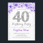 Convites aniversário de 40 anos - Prata branca - Roxo<br><div class="desc">design Elegante Convite de festas aniversário de 40 anos em prata brilhante falso,  roxo e branco. Na moda floral com diamantes e rosas. Perfeito para uma comemoração de vidro. Envie-me uma mensagem se precisar de mais personalização.</div>