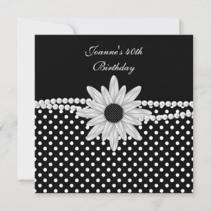 Convites Aniversário de 40 anos Preto Branco Pérola Flor Po
