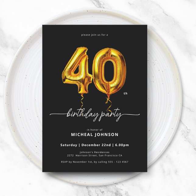 Convites aniversário de 40 anos preto Dourado (Gold Balloon Black 40th Birthday Invitation)