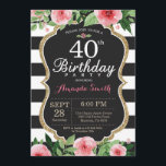 Convites aniversário de 40 anos. Preto Dourado Floral<br><div class="desc">aniversário de 40 anos convite para mulheres. Convidar Festa de aniversário Preta e Dourada. Dourada Glitter. Flor Floral Cor de Água Rosa. Black and White Stripes. Chalkboard. Digital Imprimível.
Para mais personalização,  clique no botão "Personalizar" e use a ferramenta design para modificar este modelo.</div>