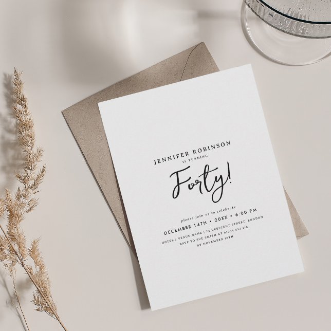 Convites Aniversário de 40 anos preto e branco de script mo (Elegant Modern Script 40th Birthday Black & White Invitation)