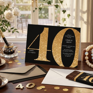 Convites Aniversário de 40 anos preto e dourado minimalista