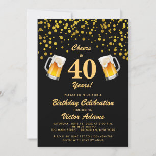 Convites Aniversário de 40 anos preto e Dourado Queijos e