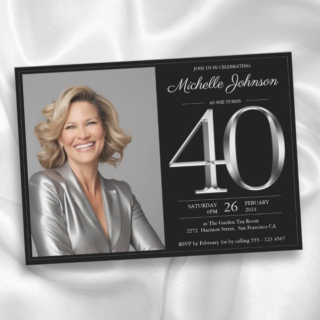 Convites Aniversário de 40 anos preto e prateado (Black and Silver 40th Birthday Invitation)