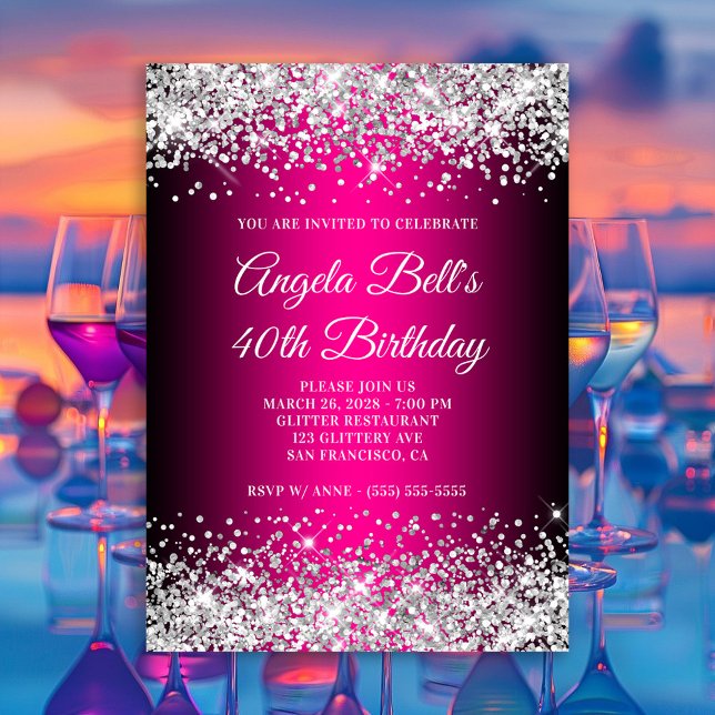 Convites Aniversário de 40 anos preto e rosa quente com bri (Silver Glitter Black and Hot Pink 40th Birthday Invitation)