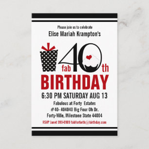 Convites Aniversário de 40 anos preto e vermelho do cupcak