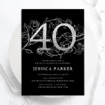 Convites Aniversário de 40 anos preto Elegante prata<br><div class="desc">Elegante convite de festas aniversário de 40 anos preto prateado. Design feminina moderna personalizável, com sotaques botânicos rosas e prata brilhante fraca. Simples cartão de convite floral perfeito para uma comemoração de um na moda. Personalize com seus próprios detalhes. Impressos convites Zazzle ou modelo de impressão digital instantânea para download....</div>
