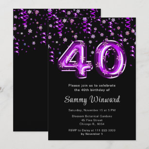 Convites aniversário de 40 anos Purple Balloons Snowflati C