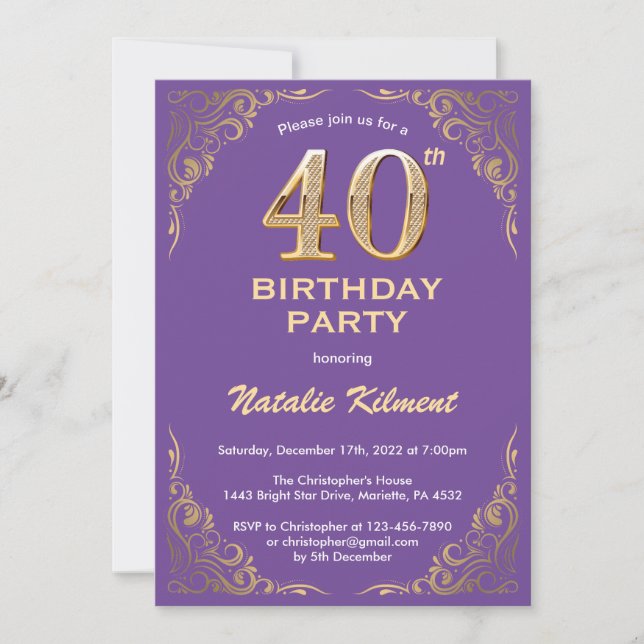 Convites aniversário de 40 anos Purple e Dourado quadro de  (Frente)