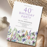 Convites aniversário de 40 anos Purple Floral Botânica<br><div class="desc">aniversário de 40 anos convite de festas com flor floral roxa. Fácil de mudar o texto. Bonito aquarela botânica.</div>