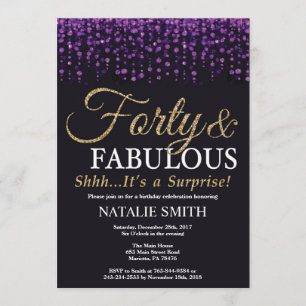 Convites Aniversário de 40 anos púrpura e brilhante Dourado