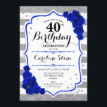 Convites aniversário de 40 anos - Real Blue Silver White St<br><div class="desc">Convite para aniversário de 40 anos. Design elegante em prata brilhante,  branco e azul real. Possui forte de script de na moda,  listras e rosas azuis. Perfeito para uma bolsa mensageifesta de aniversario elegante. Pode ser personalizado em qualquer idade.</div>