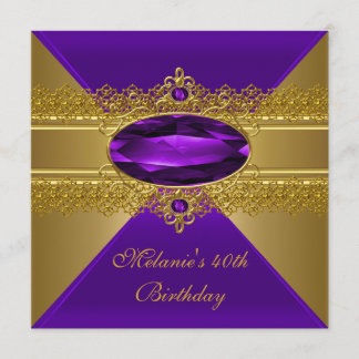 Convites Aniversário de 40 anos Renda Elegante Roxo Dourado