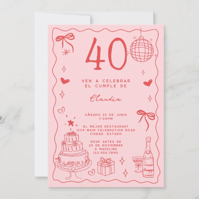 Convites Aniversário de 40 anos Retro Espanhol Excêntrico V (Frente)