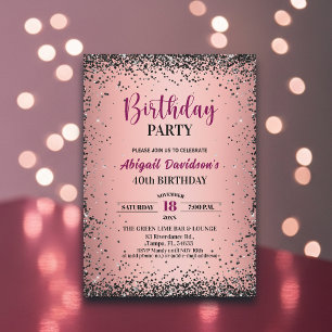 Convites Aniversário de 40 anos Rosa Brilho Metálico Preto 