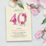 Convites aniversário de 40 anos Rosa Peony Floral Número 40<br><div class="desc">convite de festas aniversário de 40 anos com número floral 40. Este elegante design de safra apresenta um número cor-de-rosa 40 decorado com flores de pénia rosa, rosas e eucalipto em um sutil fundo listrado. Bela feminina com charme de jardim rural - perfeita para uma senhora especial celebrando uma aniversário...</div>