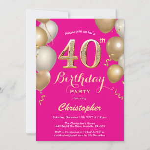Convites aniversário de 40 anos, rosa quente e balões Dou