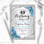 Convites aniversário de 40 anos - Rosas Azuis De Banha De P<br><div class="desc">Convite para aniversário de 40 anos. Design floral elegante em prata e azul gelado. Possui riscas prateadas com brilho inverso,  fonte de script na moda e confetti rosa de de de turquesa. Perfeito para uma festa de aniversário de vidro.</div>