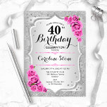 Convites aniversário de 40 anos - Rosas Rosa de Stripes Pra<br><div class="desc">Convite para aniversário de 40 anos. Design floral elegante em prata e rosa. Possui riscas prateadas com brilho sujo,  fonte de script na moda de rosas rosa e confetti. Perfeito para uma festa de aniversário de vidro.</div>