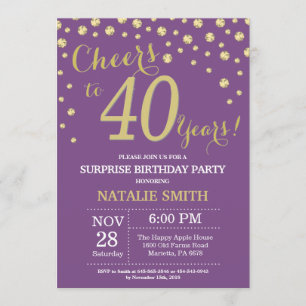 Convites Aniversário de 40 anos Roxo e Diamante Dourado