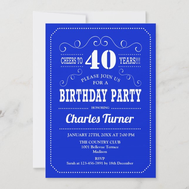 Convites aniversário de 40 anos - Royal Blue White (Frente)