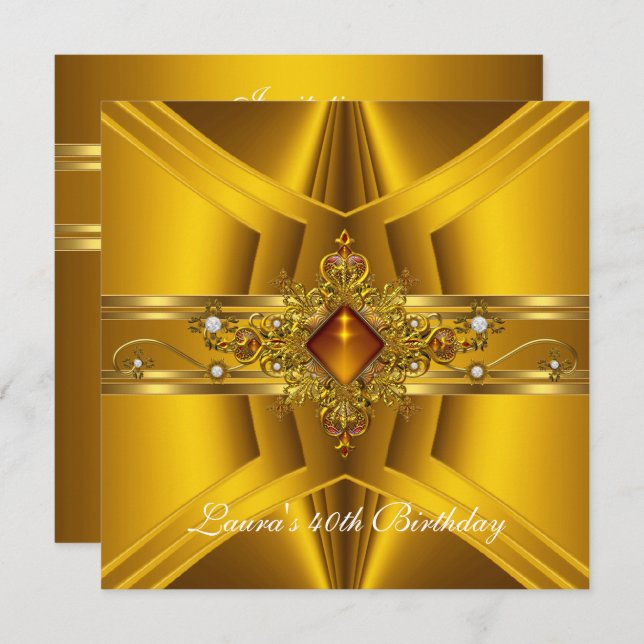 Convites aniversário de 40 anos Royal Elegant Yellow Dourad (Frente/Verso)