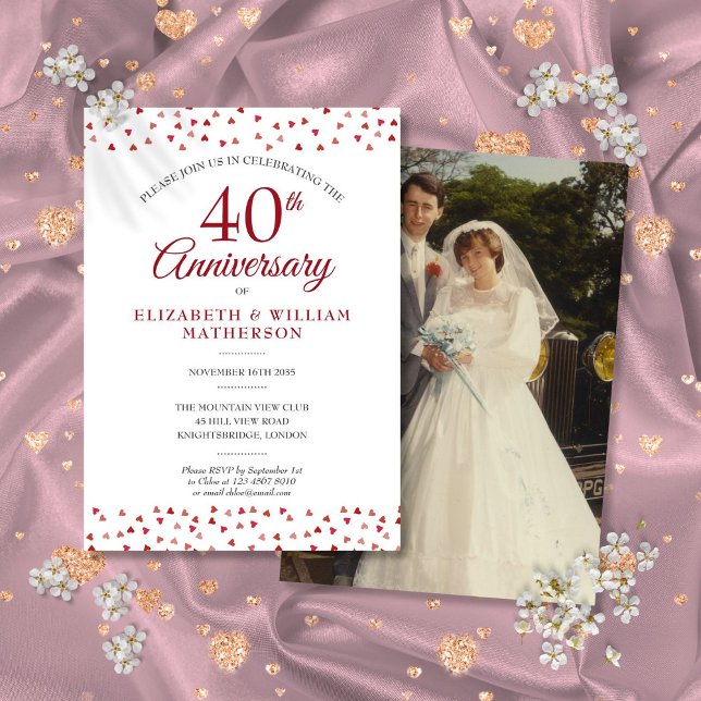 Convites Aniversário de 40 anos Ruby Love Hearts Confetti P (40th Anniversary Ruby Love Hearts Confetti Photo Invitation)