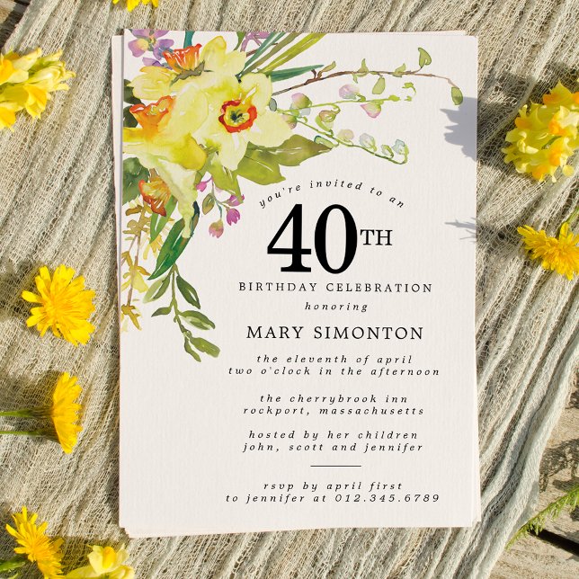 Convites Aniversário de 40 anos Rustic Boho Yellow Daffodil (Criador carregado)