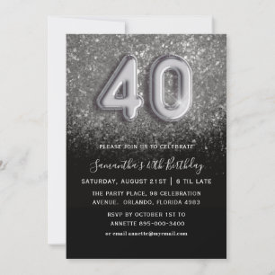 Convites aniversário de 40 anos Silver e Black Glitter Part