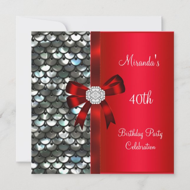Convites aniversário de 40 anos Silver Sequins Red Diamond  (Frente)