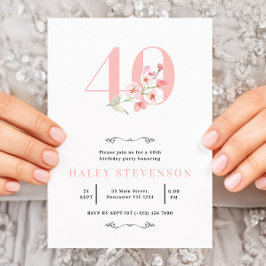 Convites Aniversário de 40 anos Simples Rosa e Branco Flora