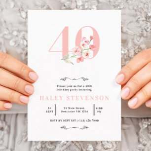Convites Aniversário de 40 anos Simples Rosa e Branco Flora