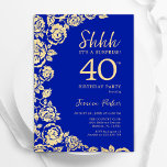 Convites Aniversário de 40 anos Surpresa de Rosas Dourados<br><div class="desc">Convite de festas Real Azul Dourado Surpresa Floral de aniversário de 40 anos. Design elegante com rosas, folha de ouro falsa e letra de script de tipografia. A Trendy convida o cartão perfeito para uma festa de na moda. Pode ser personalizado para qualquer idade. Impressos convites Zazzle ou modelo de...</div>