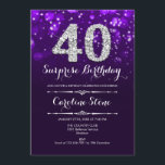 Convites Aniversário de 40 anos Surpresa - Prata Roxa<br><div class="desc">Convite para aniversário de 40 anos surpresa. Design púrpura elegante com prata brilhante. Aniversário adulto. Apresenta diamantes,  luzes de boque e fontes de script. Homens ou mulheres convidam no dia. Perfeito para uma festa de aniversário na moda. Envie-me uma mensagem se precisar de mais personalização.</div>