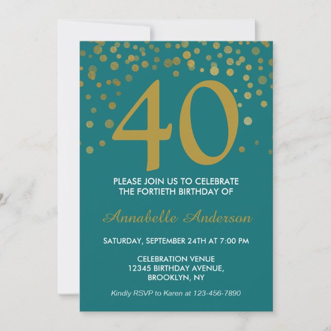 Convites aniversário de 40 anos Teal Aqua Dourado Modern Co (Frente)