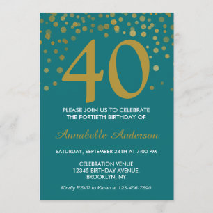 Convites aniversário de 40 anos Teal Aqua Dourado Modern Co