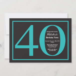 Convites aniversário de 40 anos Teal e Quadro Preto